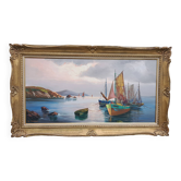 Huile sur toile encadrée signée Le Mennec bateaux de pêche en Bretagne  50 X 100 cm