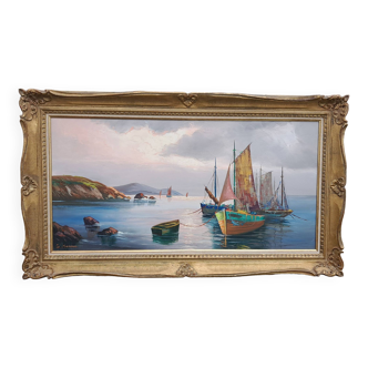 Framed oil on canvas signed Le Mennec fishing boats in Brittany 50 x 100 cm