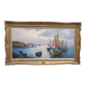 Framed oil on canvas signed Le Mennec fishing boats in Brittany 50 x 100 cm