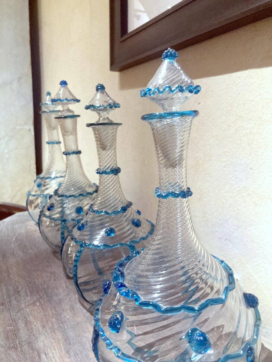 18th Century Italian Murano Clear Glass and Blue Trimmed Blown Glass Bottle