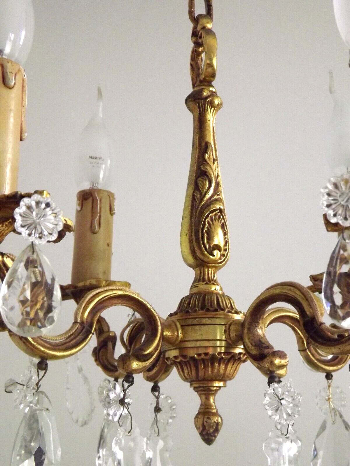 Vintage french brass 4 light chandelier assorted faceted crystal 4007