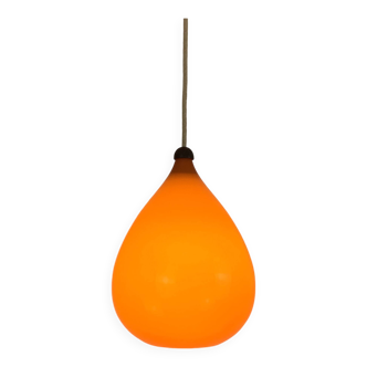 Scandinavian drop pendant light in orange, opaline and teak glass, 1960