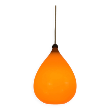 Scandinavian drop pendant light in orange, opaline and teak glass, 1960