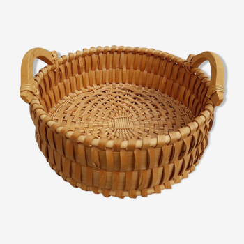 Basket or bin vintage rattan has 2 handles in wood