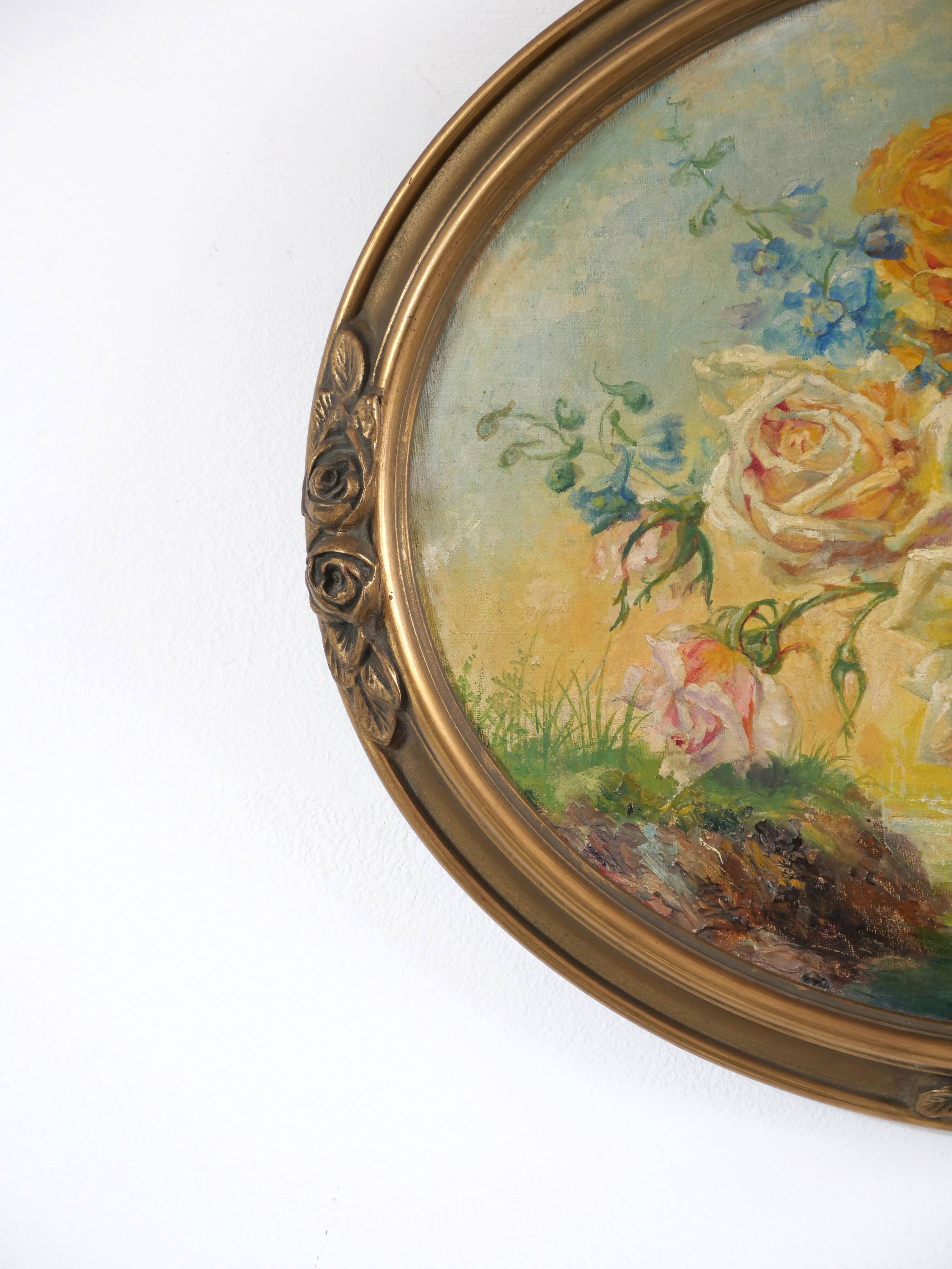 Oil on oval panel "bouquet of flower"