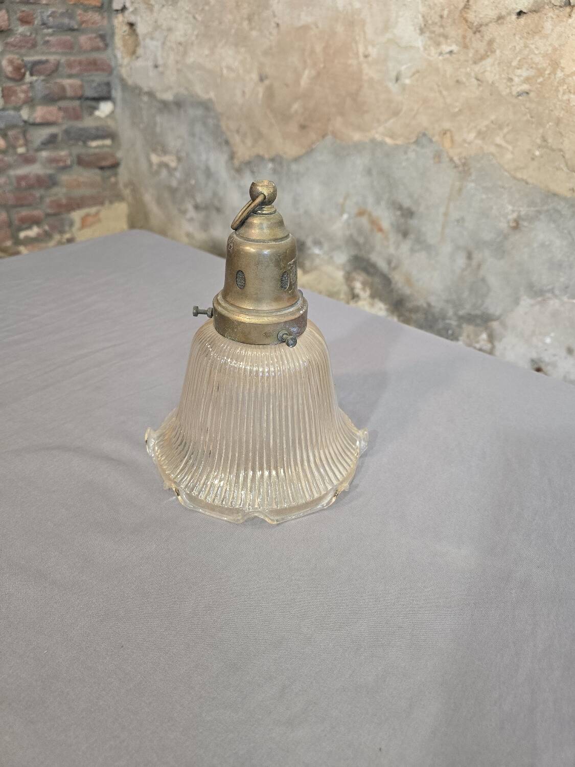 Holophane glass and brass suspension