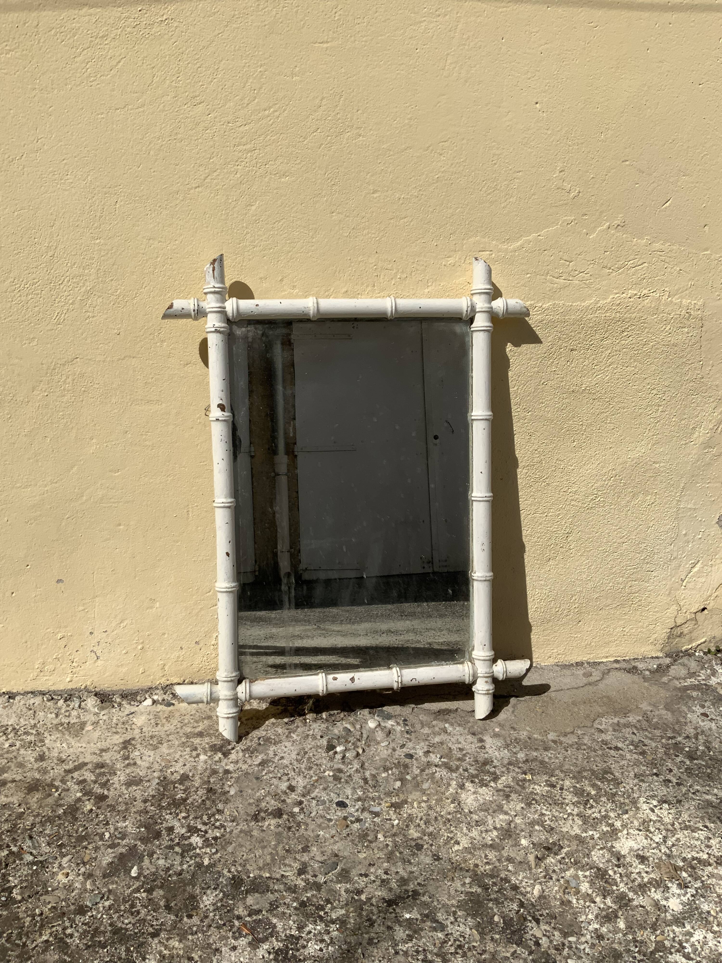Wooden mirror old bamboo style vintage white ice mercury