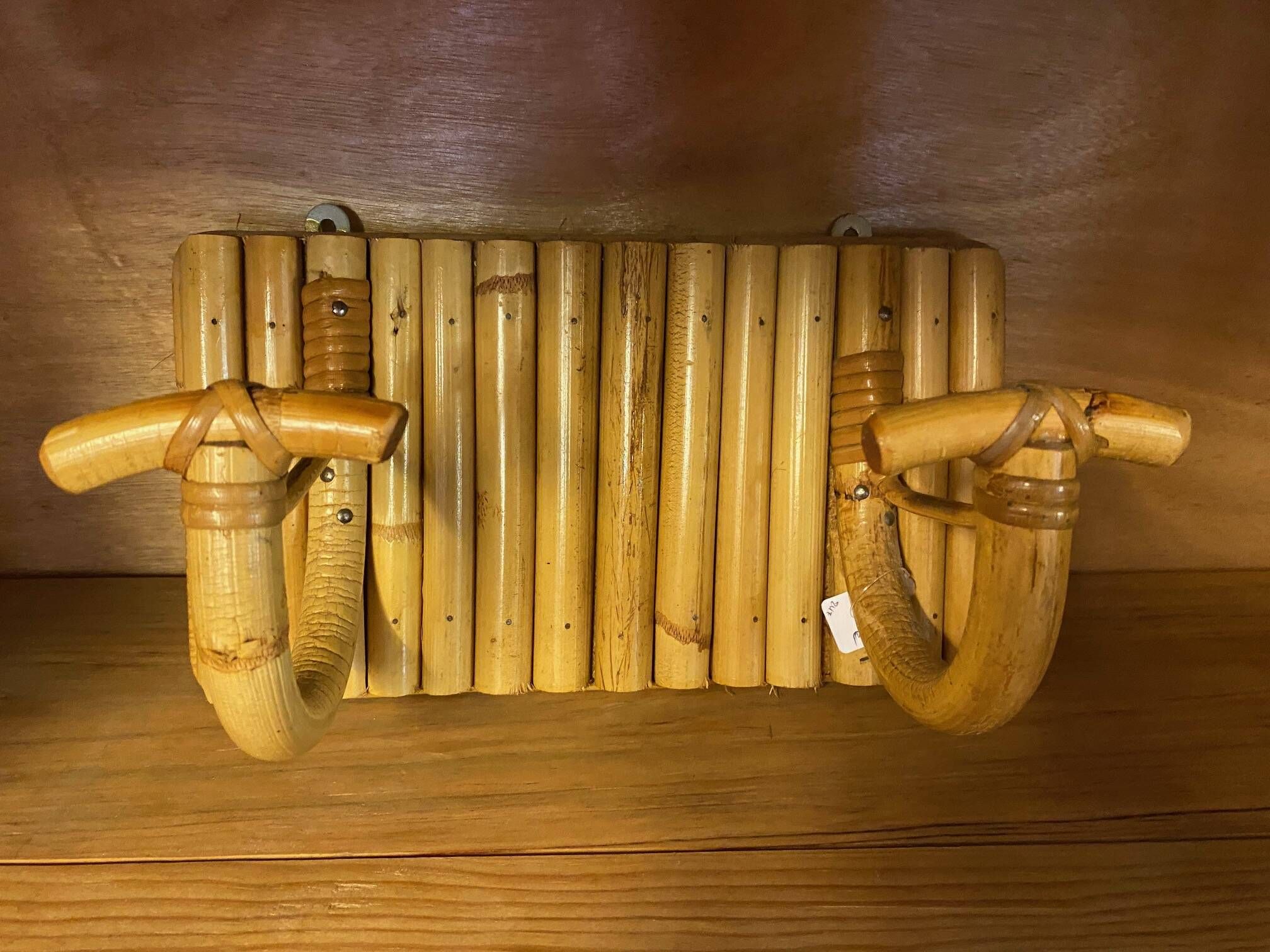 Vintage rattan coat rack with double hanging pegs
