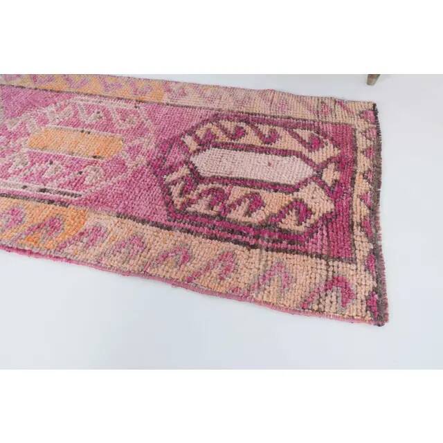 1970s Turkish Hand-Knotted Wool Cotton Pink Runner 87x294