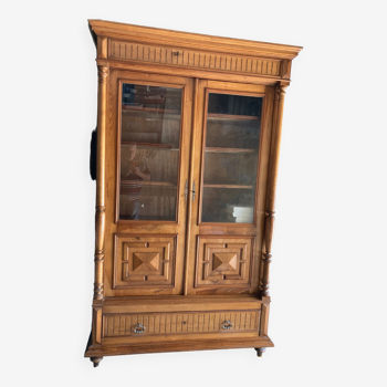 Bookcase with 2 glass doors in solid blond walnut wood