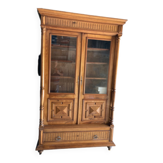 Bookcase with 2 glass doors in solid blond walnut wood