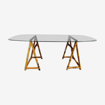 1970 dining table with bamboo trestle legs, smoked glass