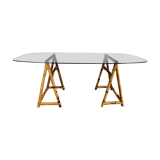 1970s dining table with bamboo trestle legs and smoked glass