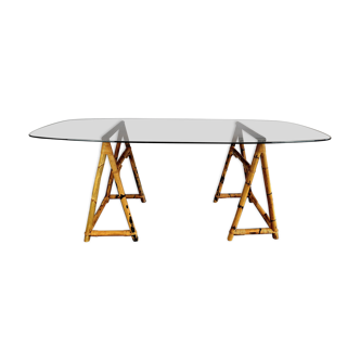 1970 dining table with bamboo trestle legs, smoked glass