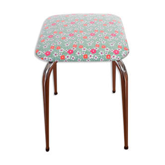 Tabouret chromé vintage années 60 revisité tissu Petit Pan Fleurs des ïles vert d'eau
