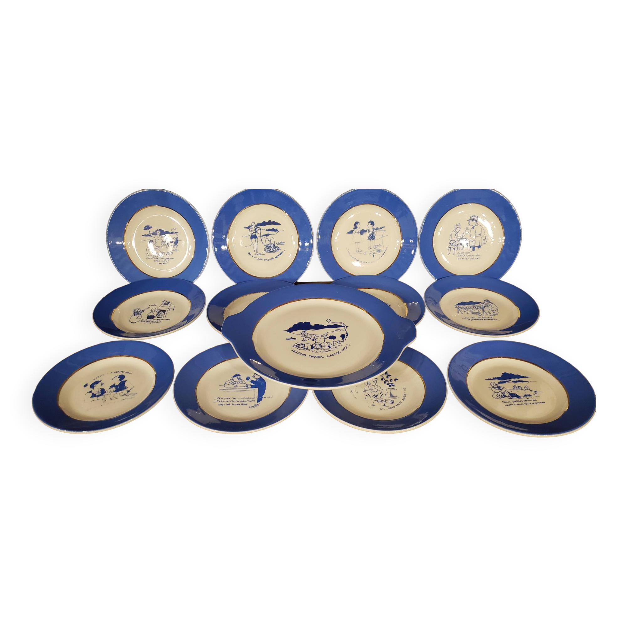 12 dessert plates + dish signed A.Devillers