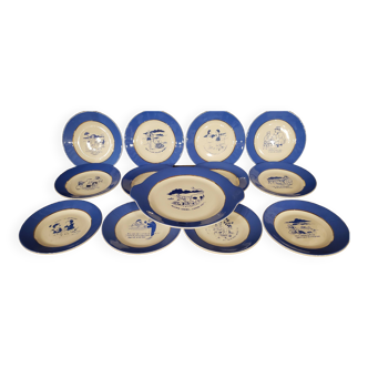 12 dessert plates + dish signed A.Devillers