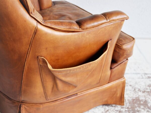 Fauteuil en cuir de mouton vintage, grande chaise fumeur en cuir de mouton marron, Grand fauteuil en cuir