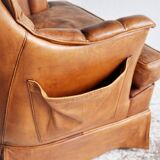 Vintage sheap leather armchair,  large smoker chair in brown sheapleather, Big leather fauteuil