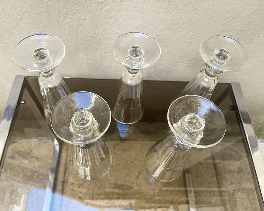 5 antique Caton-style champagne flutes in glass or crystal