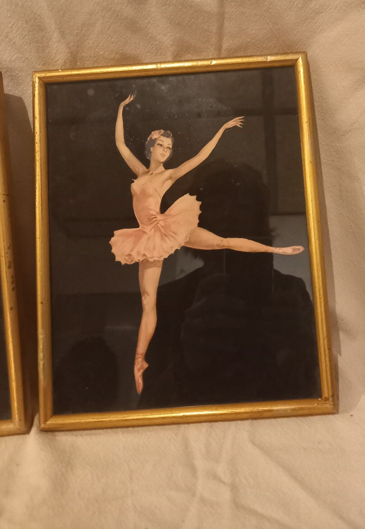 Two ballerinas, silhouettes of dancers, collages vintage under gold frame