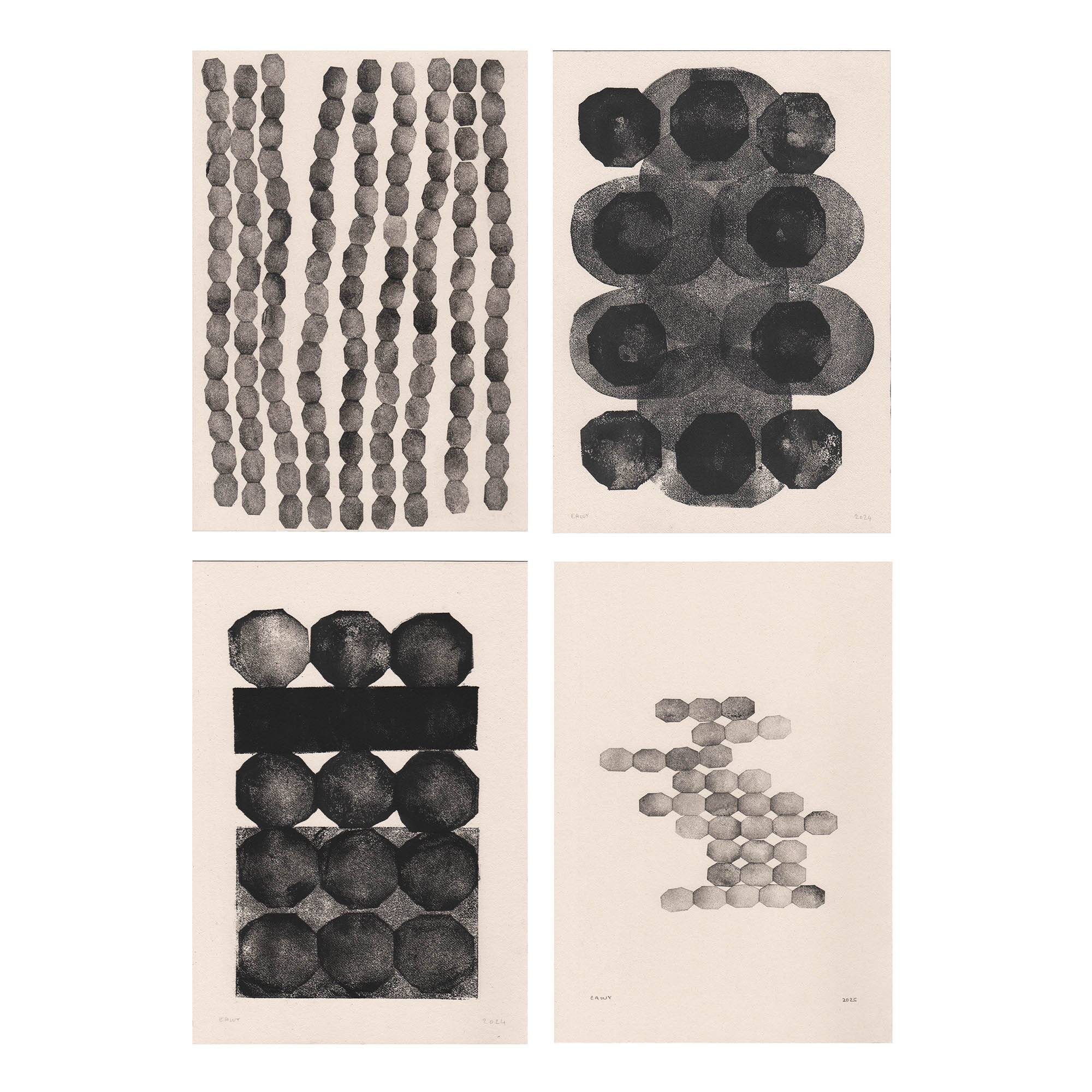 Collection of 4 paintings on paper - abstract paintings signed Eawy