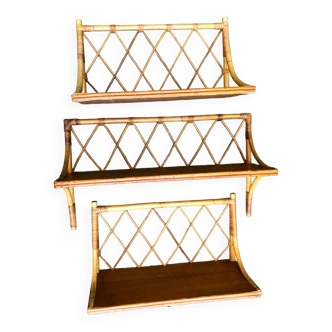 Set of 3 vintage rattan wall shelves 50s