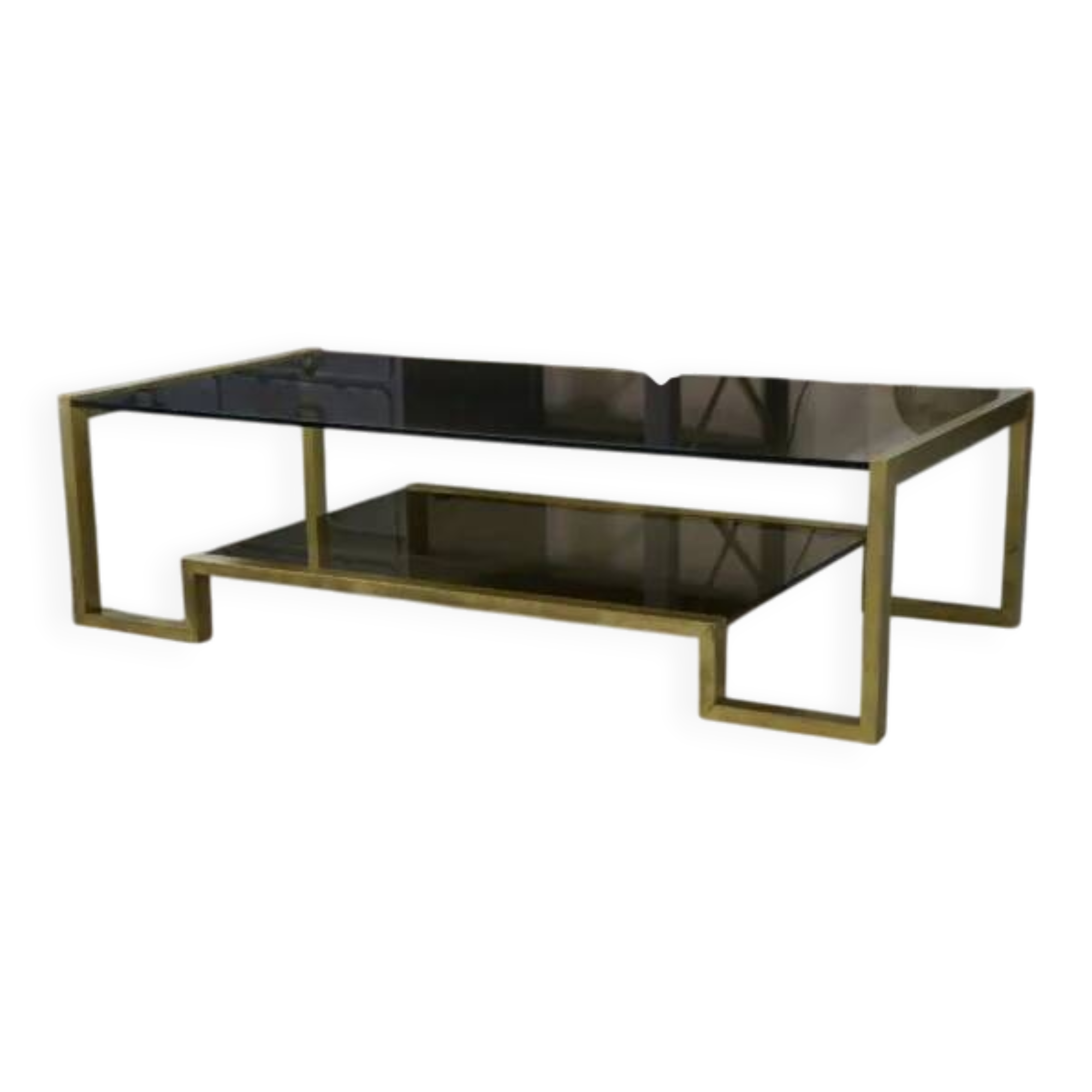 Designer coffee table with brass structure and black smoked glass, 1970s