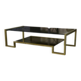 Designer coffee table with brass structure and black smoked glass, 1970s