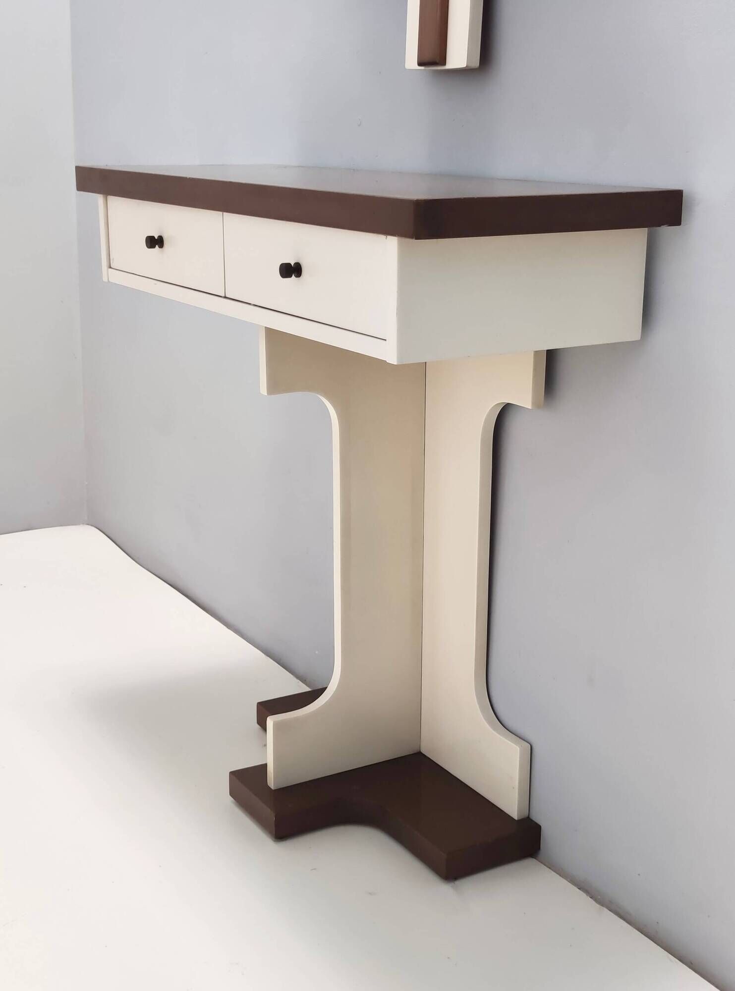 Postmodern Ivory Lacquered Walnut Wall Mirror and Console Table, Italy