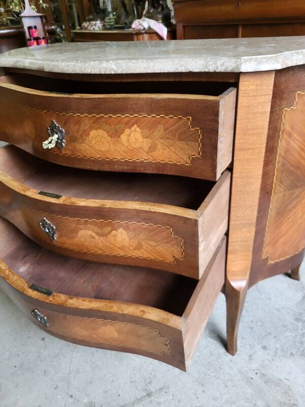 Curved chest of drawers in rosewood and marble marquetry