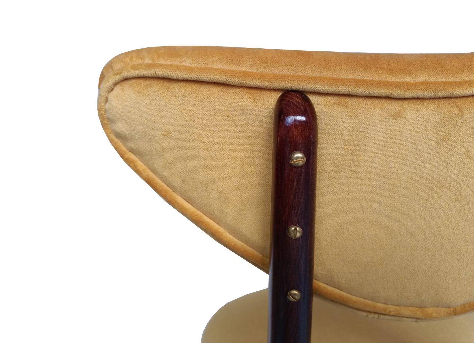 Yellow velvet heart-shaped chair, walnut wood, mid-century, Poland, 1960s.