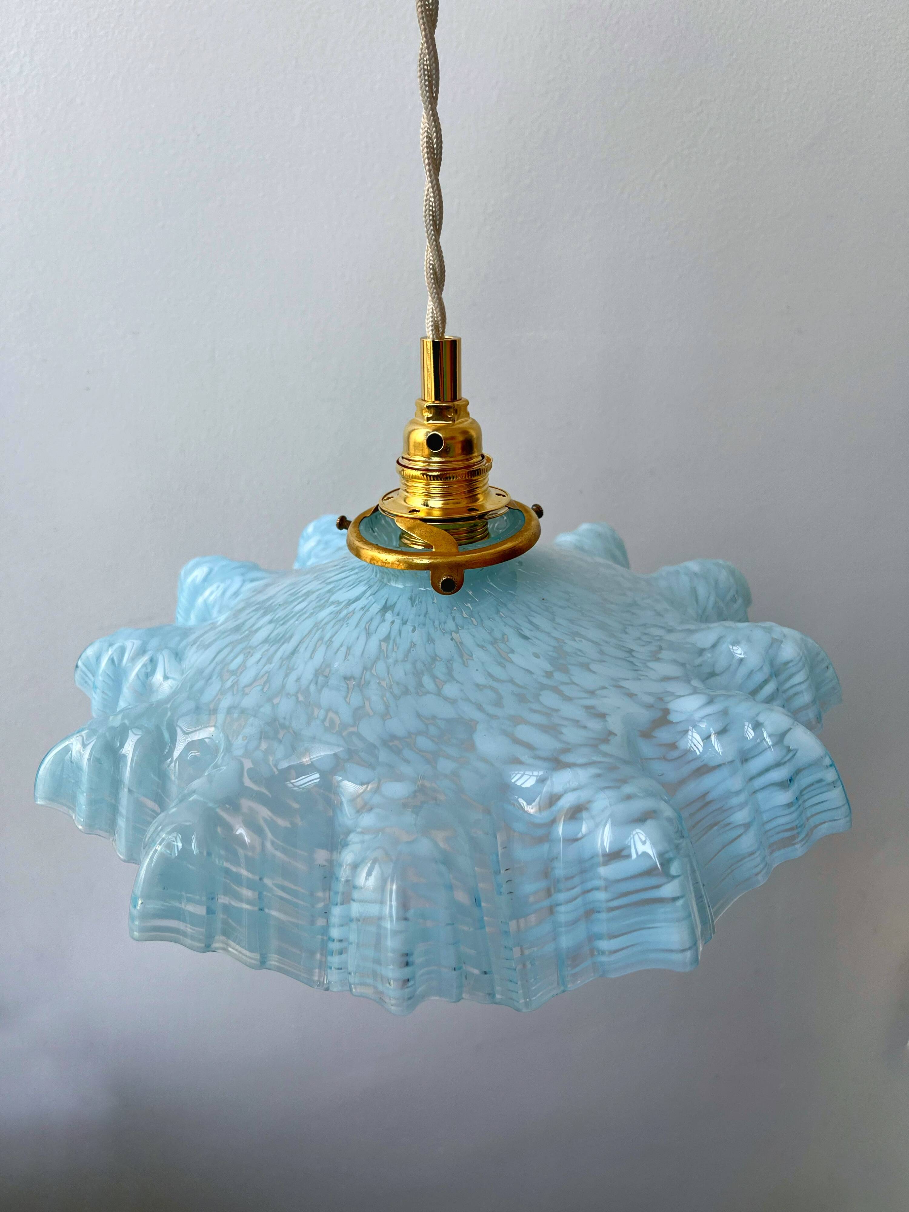 Large serrated blue Clichy glass pendant light
