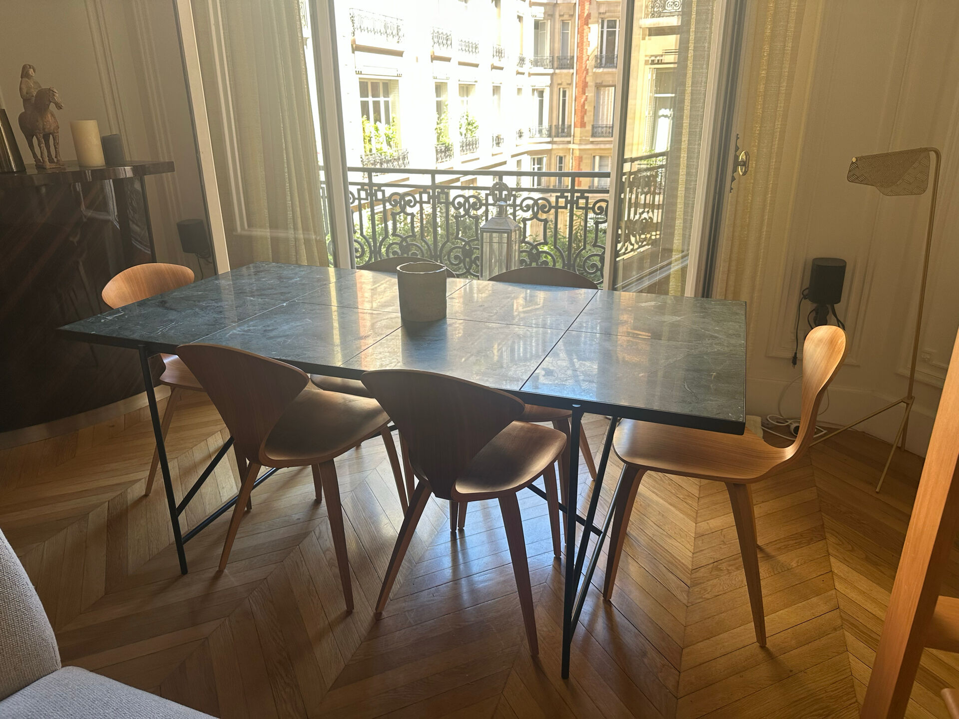 Non-extensible marble green dining table + 6 chairs