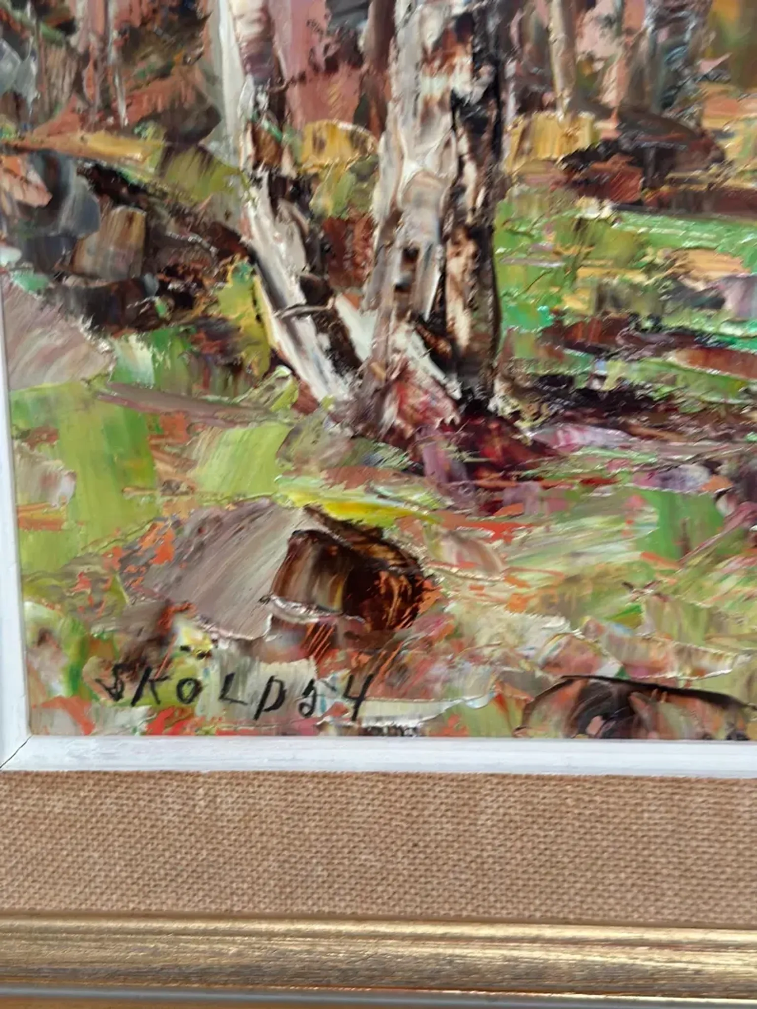 Original Swedish Oil on Canvas – “Birch Forest” by John Sköld – Signed – Dated 1954 – Framed – 40 × 40 cm