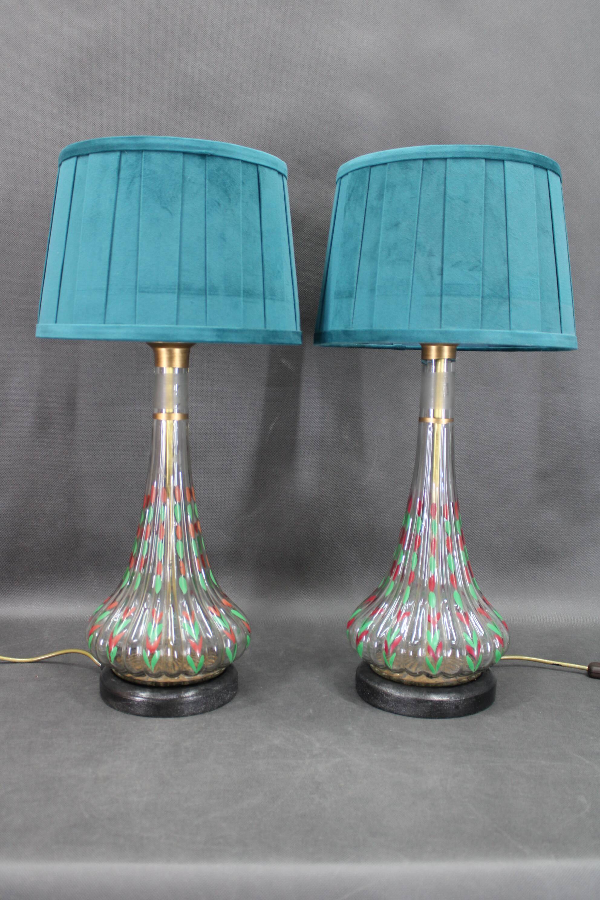 1960s Pair of Hand Painted Glass Table Lamps, Czechoslovakia