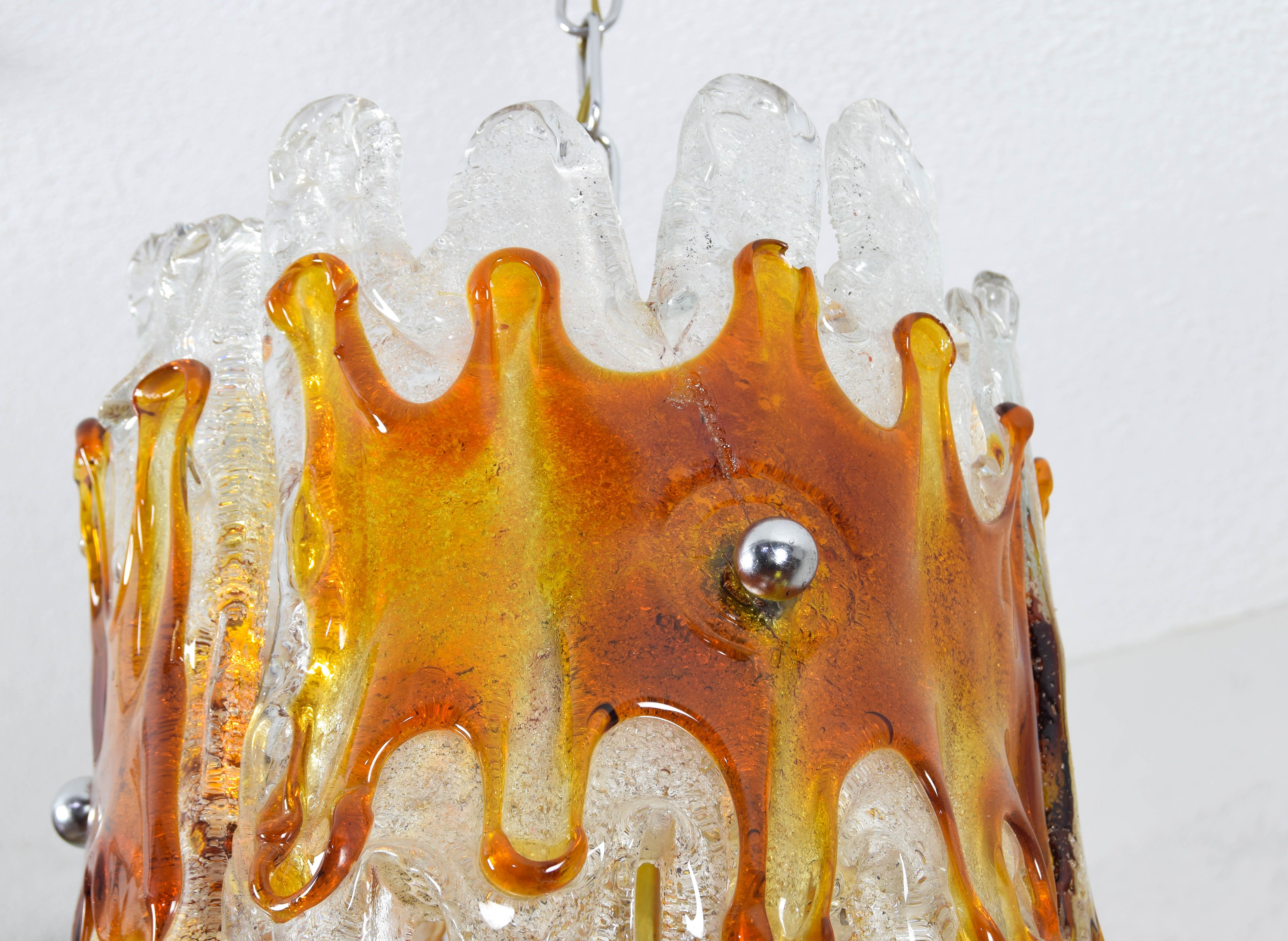 Murano Chandelier Amber and Clear Lava Mazzega Italian Mid Century 60s