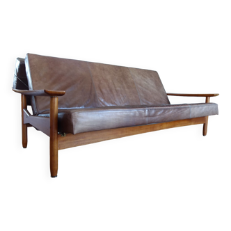 Gérard Guermonprez 4-seater solid teak convertible sofa, fully restored in leather