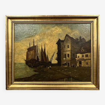 Oil on canvas Napoleon III period depicting a view of a port in Brittany