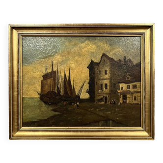 Oil on canvas Napoleon III period depicting a view of a port in Brittany