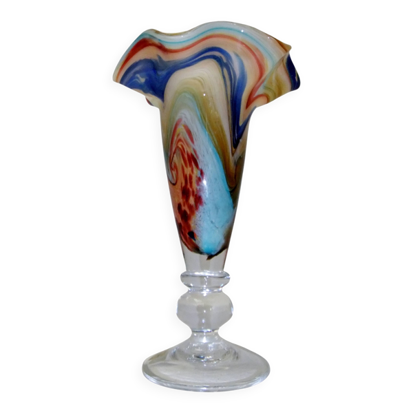 Vase ancien cristallerie pierre de lune verre soufflé piédouche — Beyit