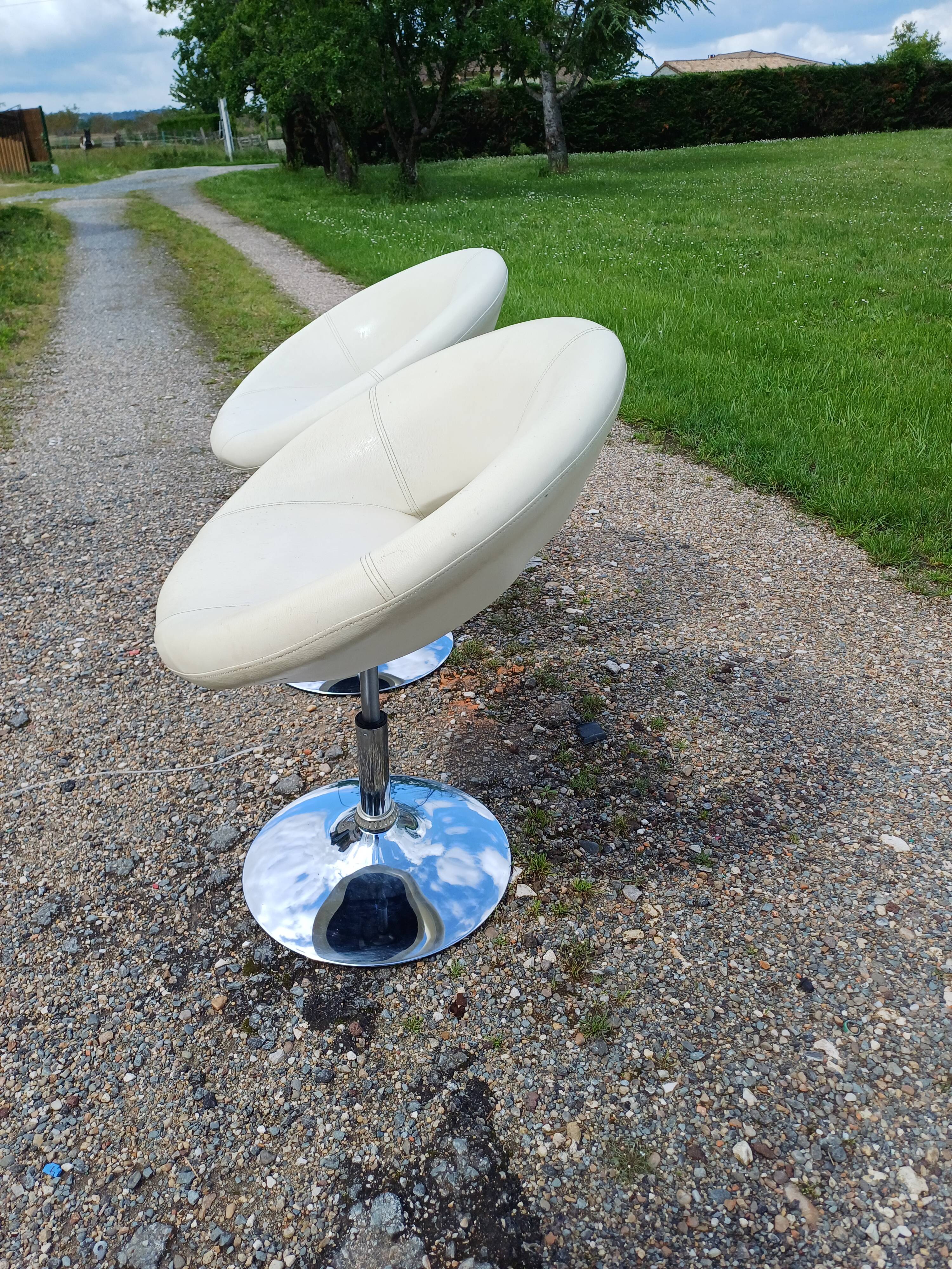 Pair of Vintage Chrome and Light Beige Skai Armchairs