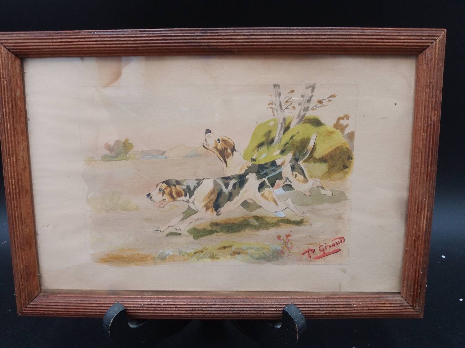 Old painting watercolor painting hunting dog signed p giraud