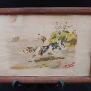 Old painting watercolor painting hunting dog signed p giraud