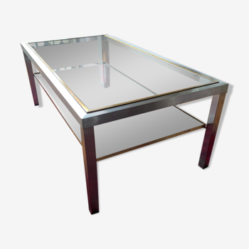 Table basse en bronze, acier et verre des années 1970