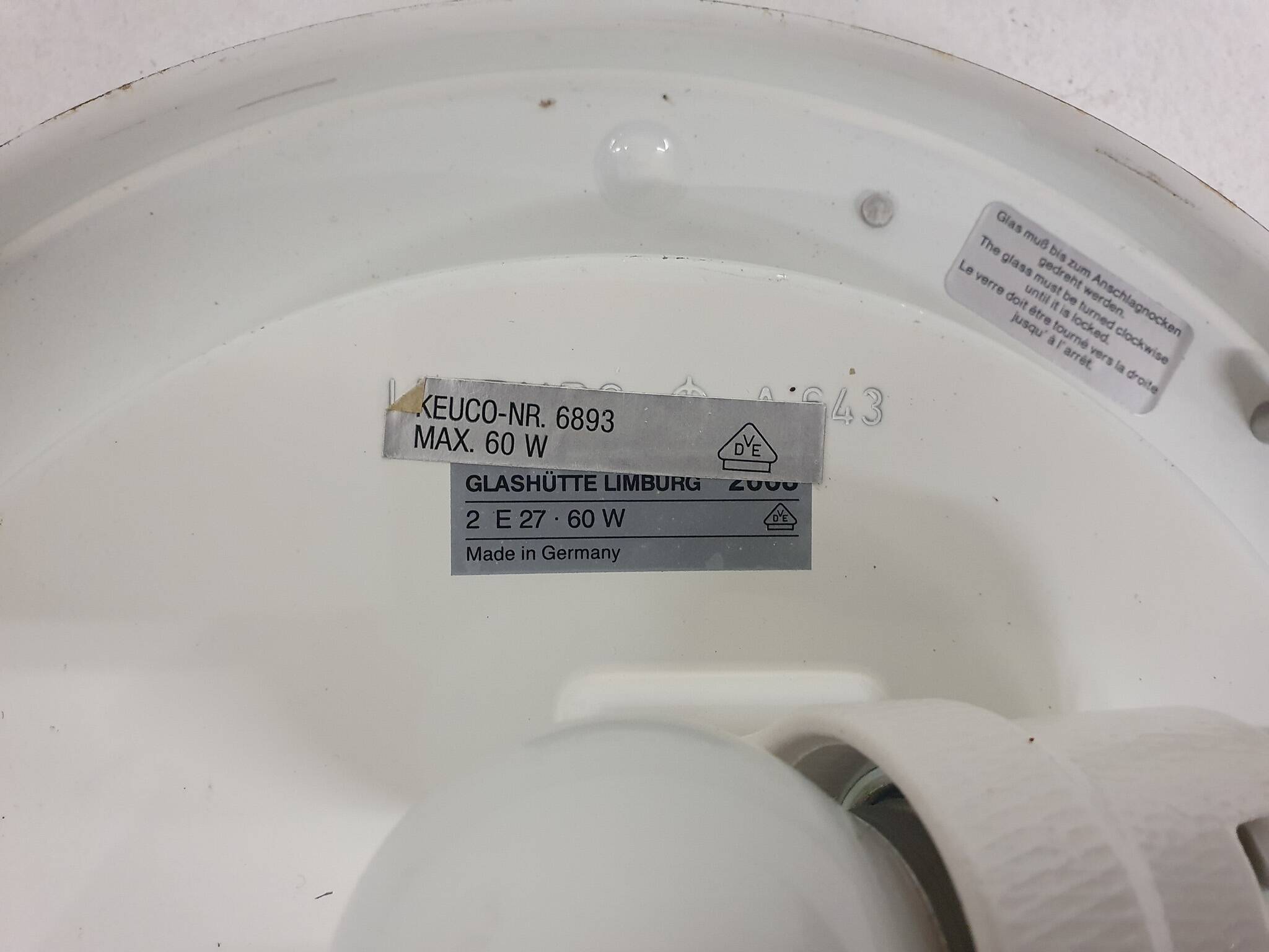 Milk glass ceiling or wall light by Glasshutte Limburg, Germany 1970's