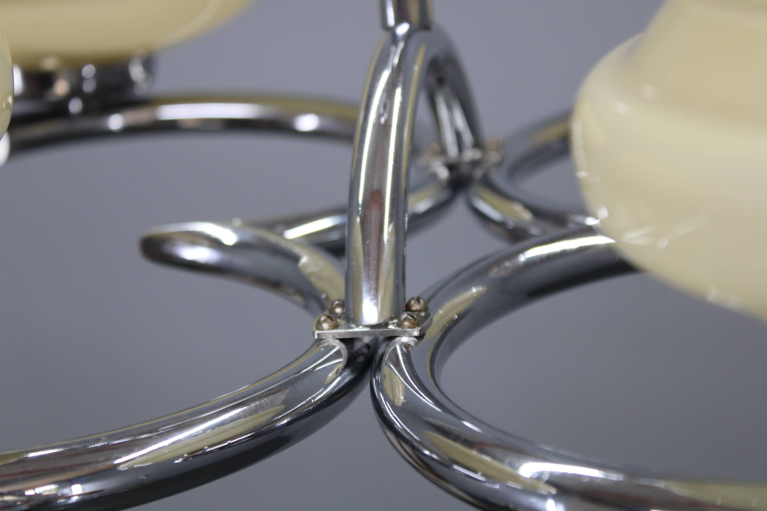 Art Deco chrome chandelier with cream opaline shades, Czechoslovakia, 1940s