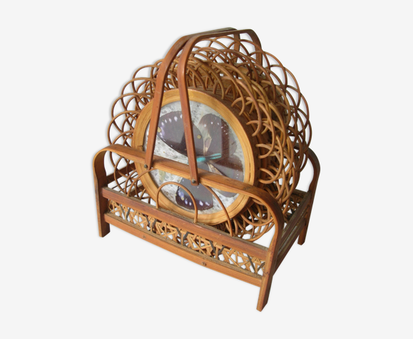 Ancien service de 6 dessous de verre papillon naturel serviteur en rotin bois années 1950/60