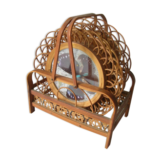 Vintage set of 6 natural butterfly coasters, rattan wood server from the 1950s/60s.