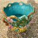 Antique cache-pot in majolica with floral decoration – Turquoise interior